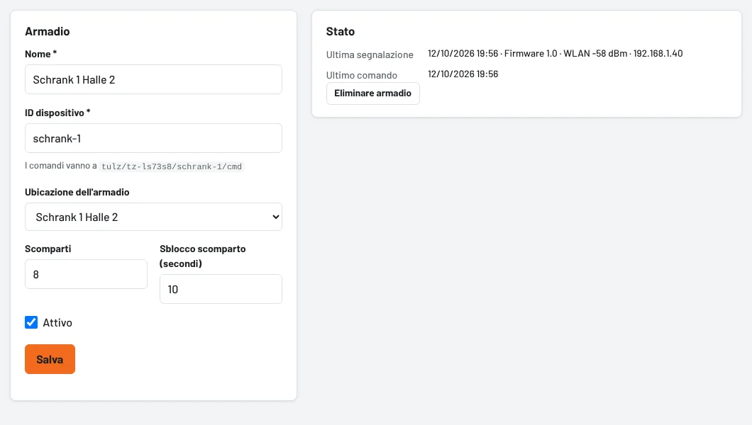 Pagina dell'armadio con scomparti e stato