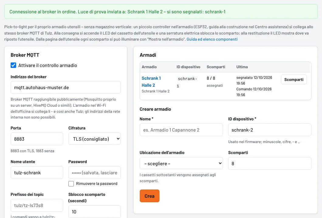 Test della connessione: broker in ordine, l'armadio ha risposto