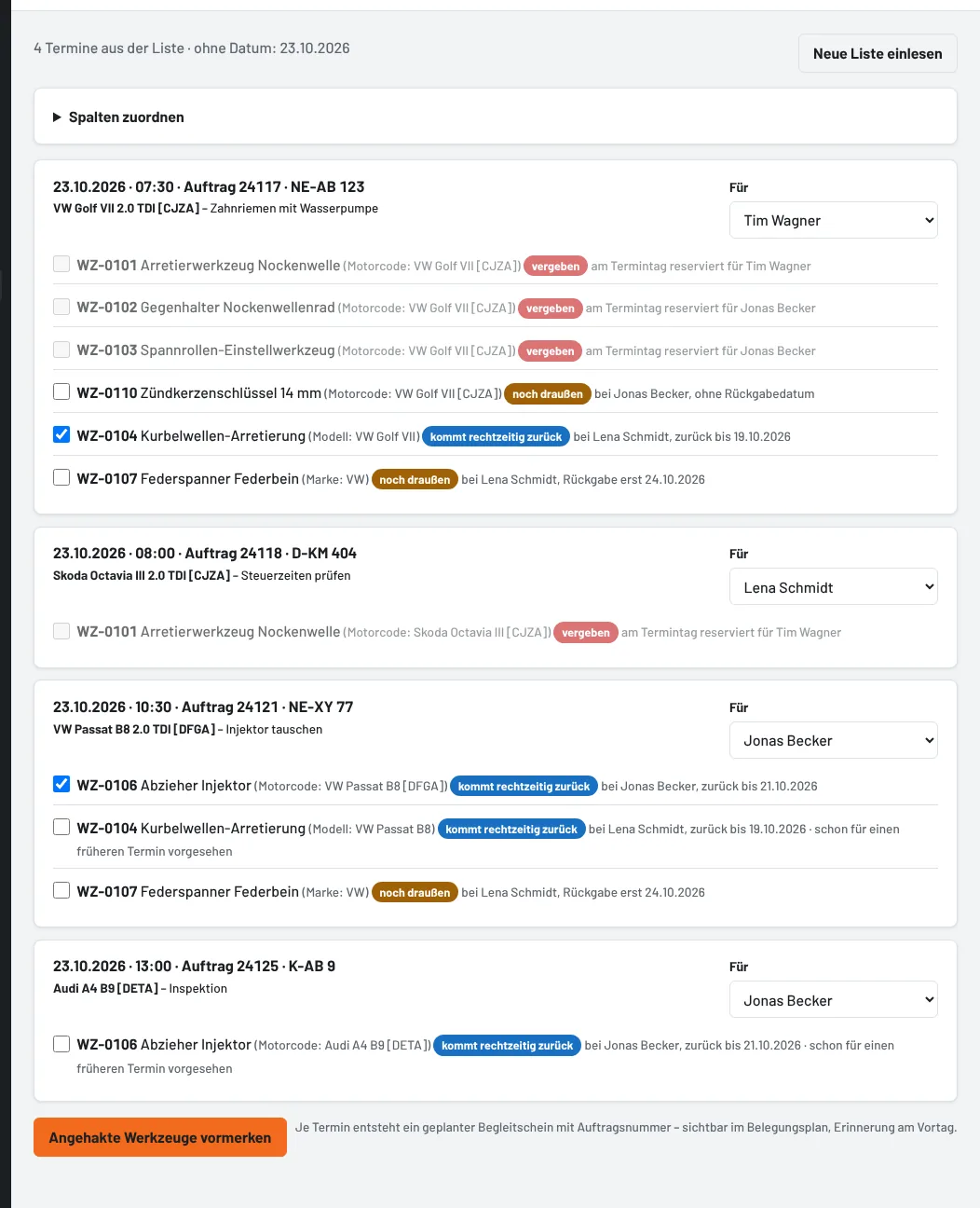 Termine mit passenden Werkzeugen und Stand am Termintag