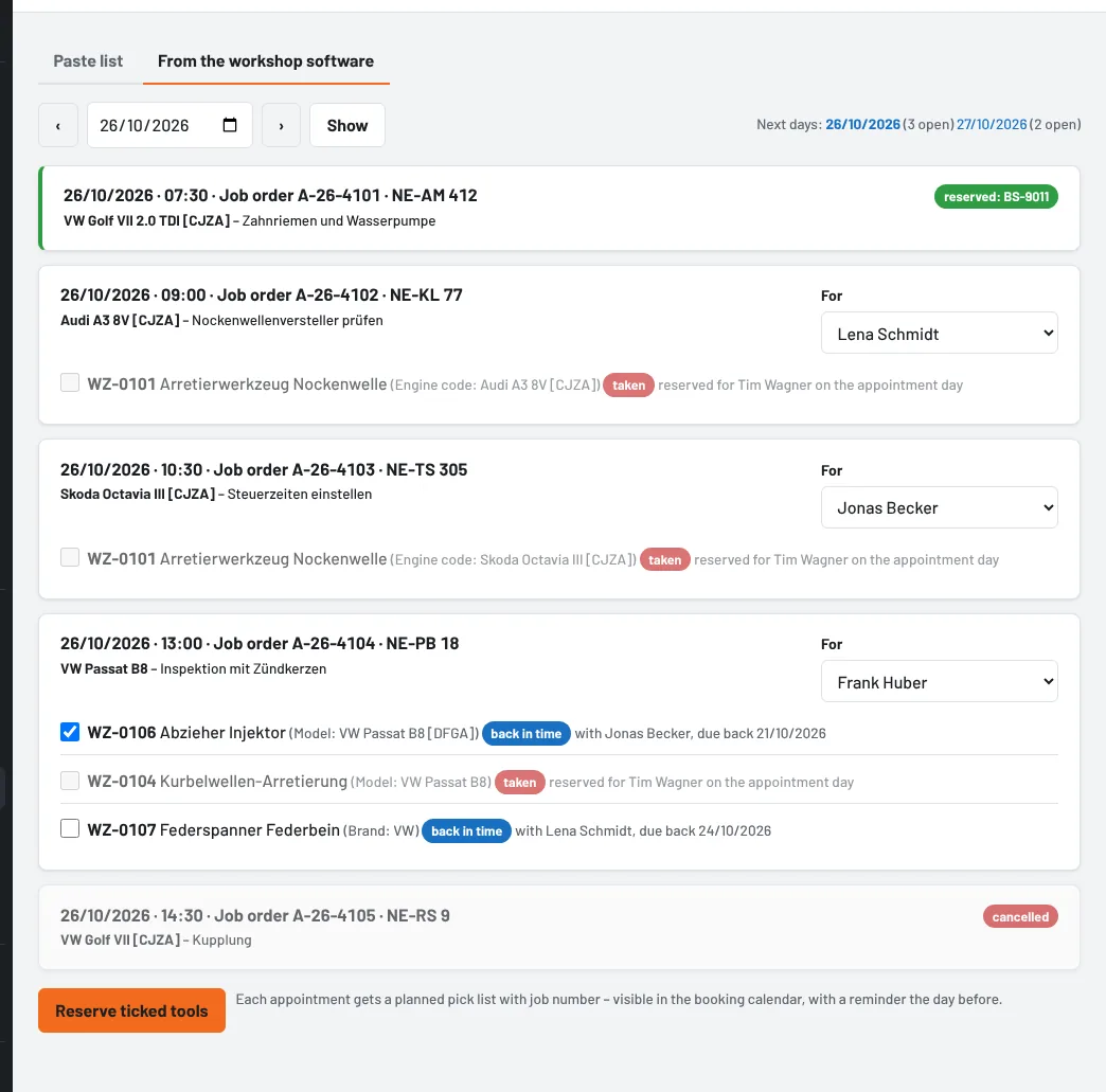 Appointments from the workshop software with matching tools