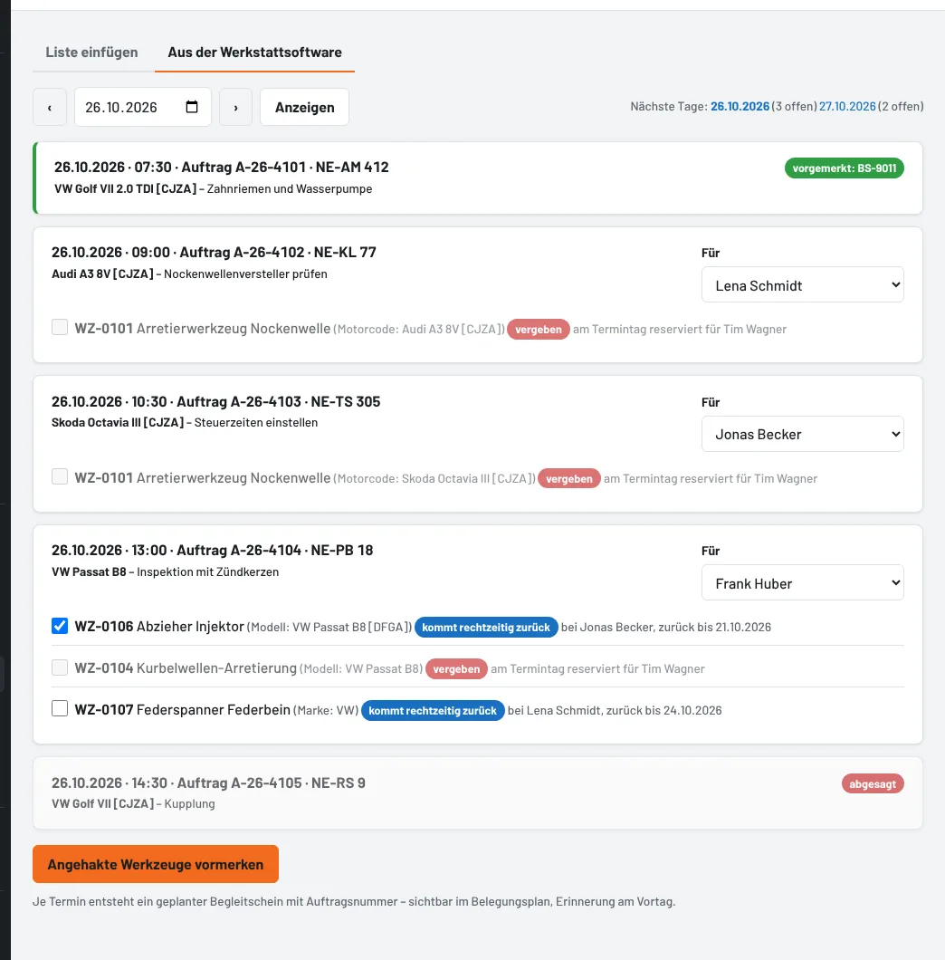 Termine aus der Werkstattsoftware mit passenden Werkzeugen