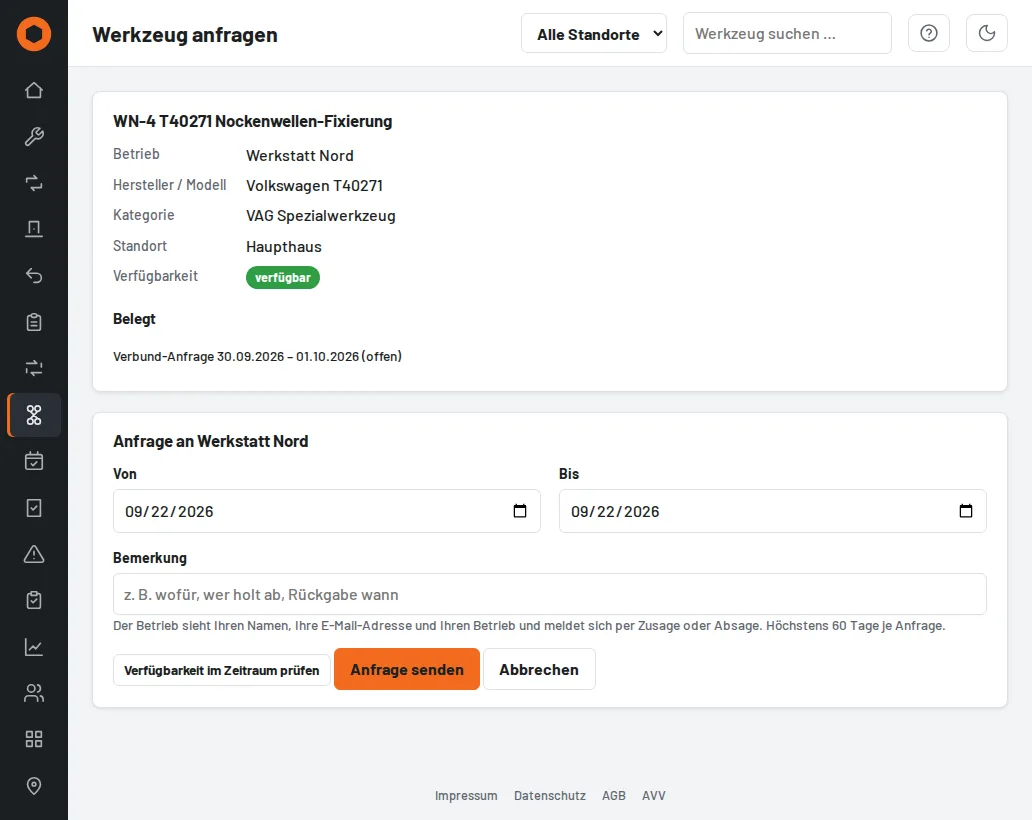Werkzeug anfragen mit Zeitraum und Prüfung der Verfügbarkeit