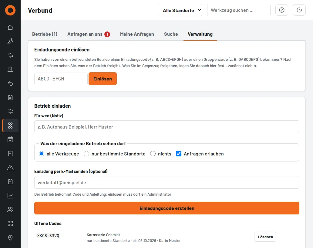 Verbund → Verwaltung: Code einlösen, Betrieb einladen, offene Codes