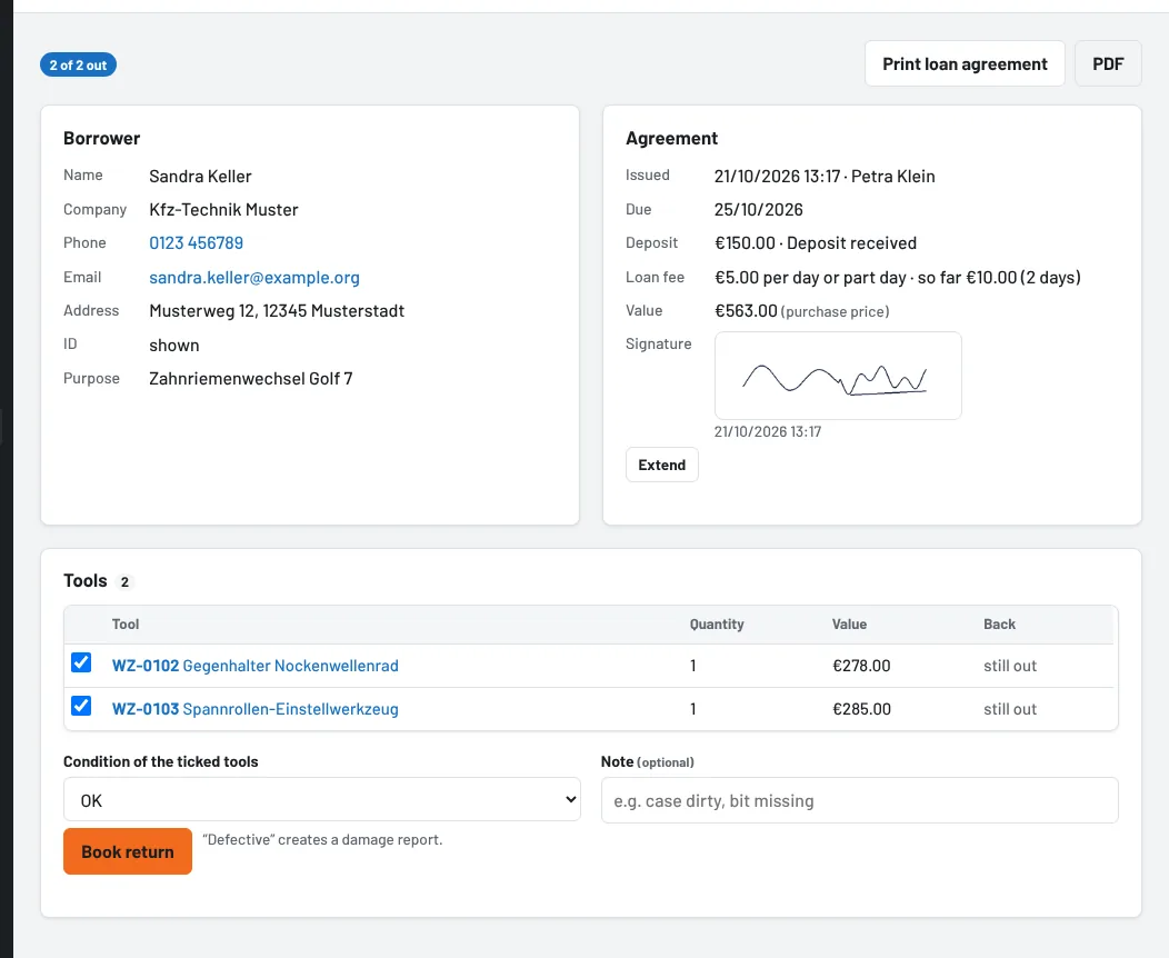Loan agreement with borrower, agreement, signature and return