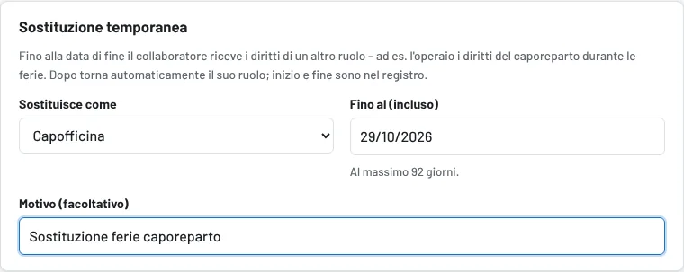 Modifica utente → Sostituzione temporanea