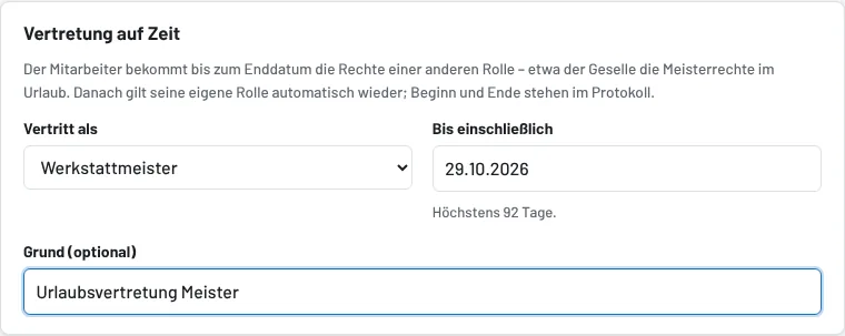 Benutzer bearbeiten → Vertretung auf Zeit