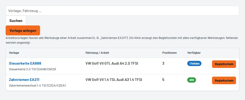 Vorlagen mit Verfügbarkeit aller Werkzeuge