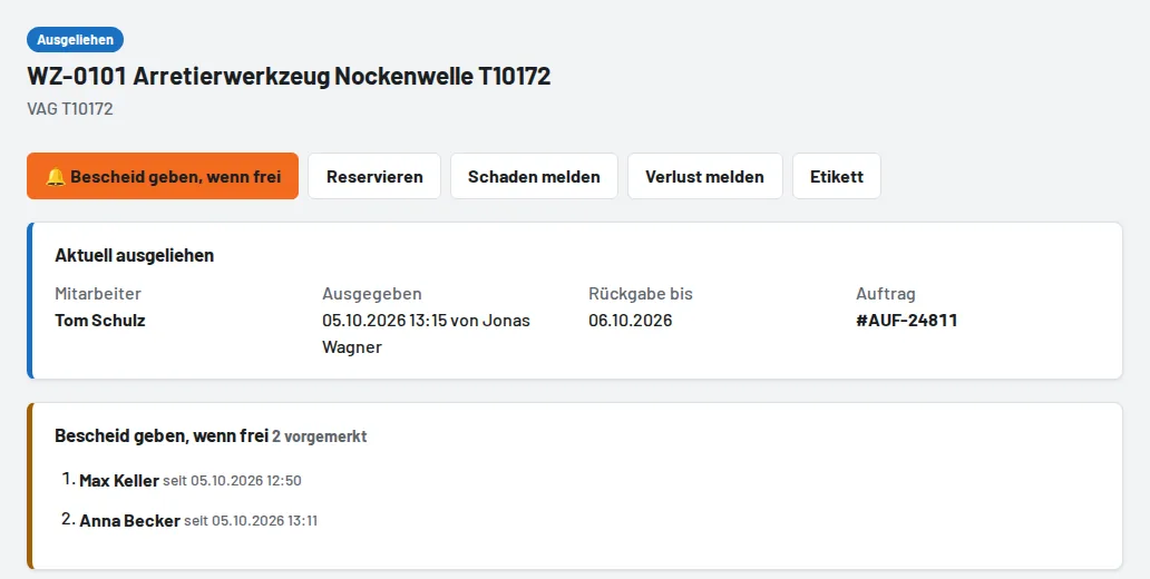 Werkzeugseite: „Bescheid geben, wenn frei“ und die Warteliste