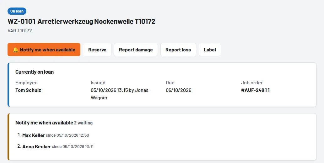 Tool page: "Notify me when available" and the waiting list
