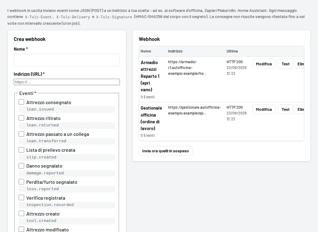 Webhook con eventi e ultima consegna