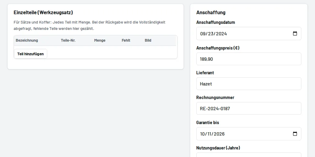 Werkzeugformular: Anschaffung, Restwert, Garantie, Kostenstelle