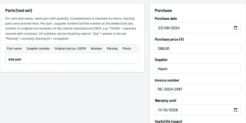 Tool form: purchase, residual value, warranty, cost centre