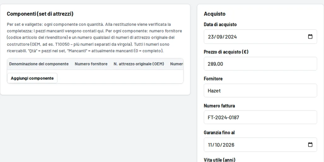 Modulo attrezzo: acquisto, valore residuo, garanzia, centro di costo