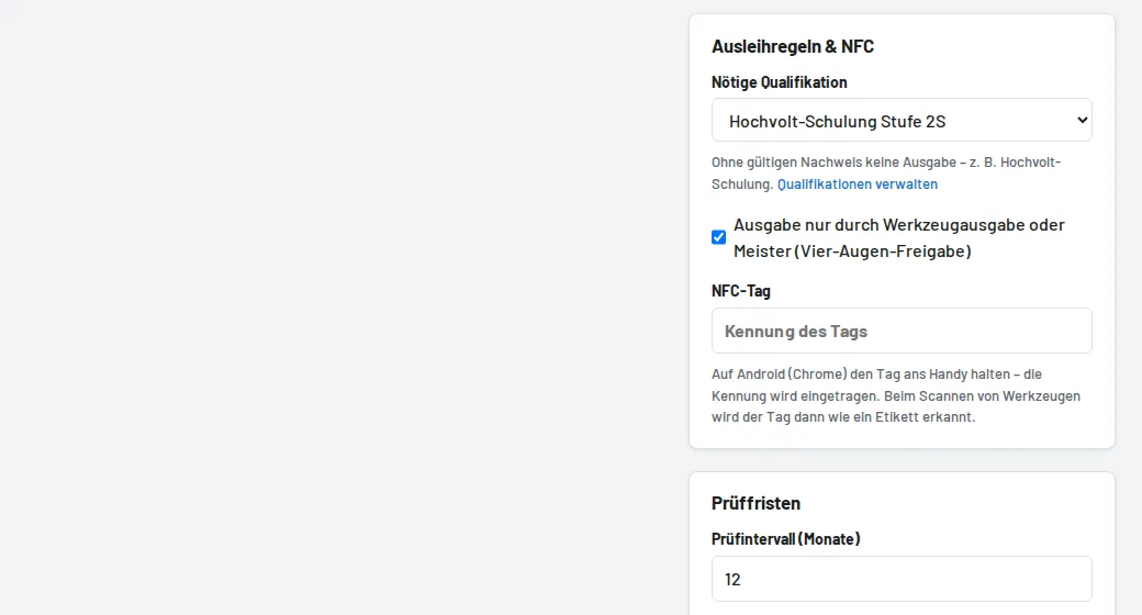Ausleihregeln & NFC am Werkzeug