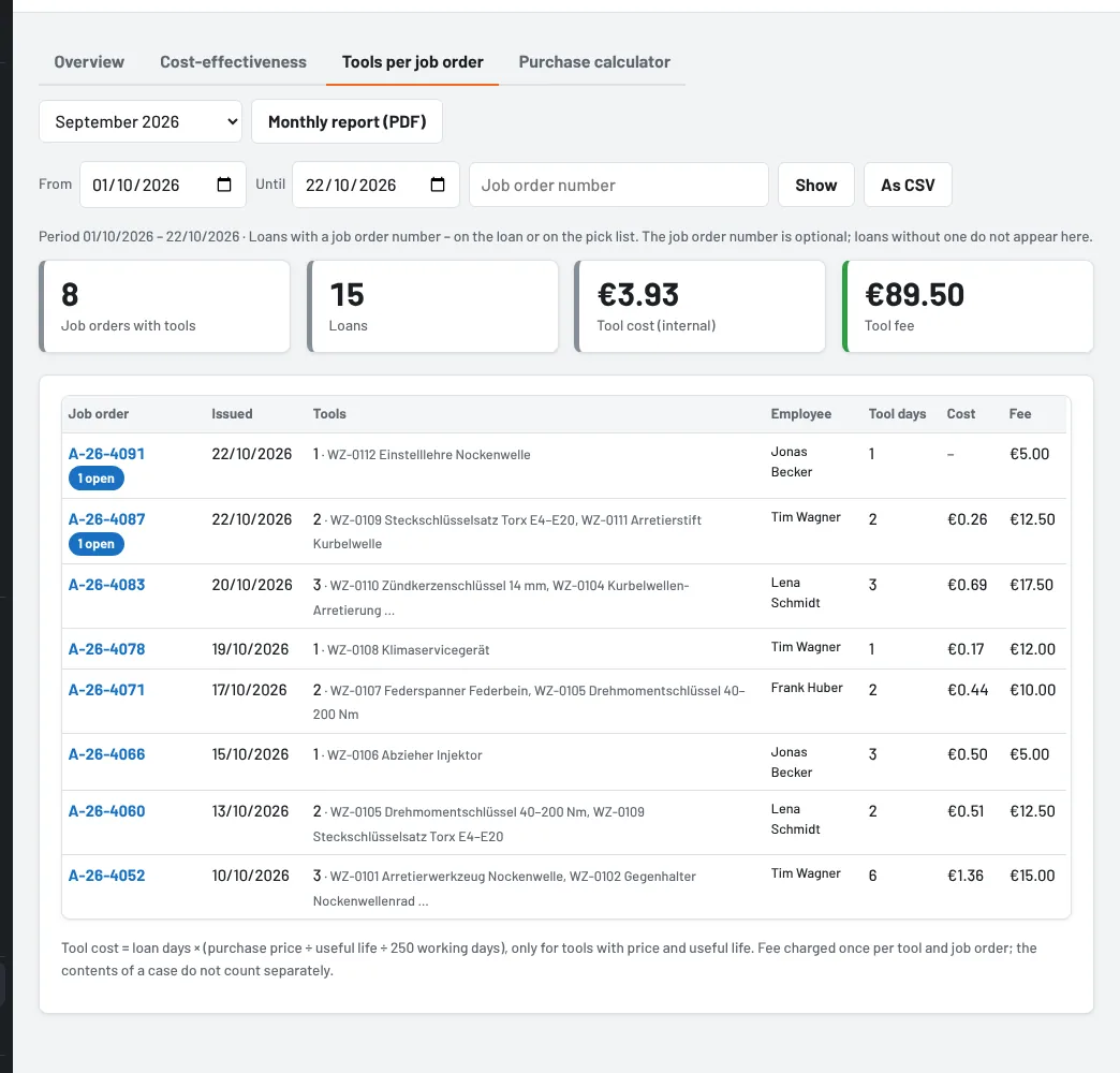 Tools per job order with tool cost and fee