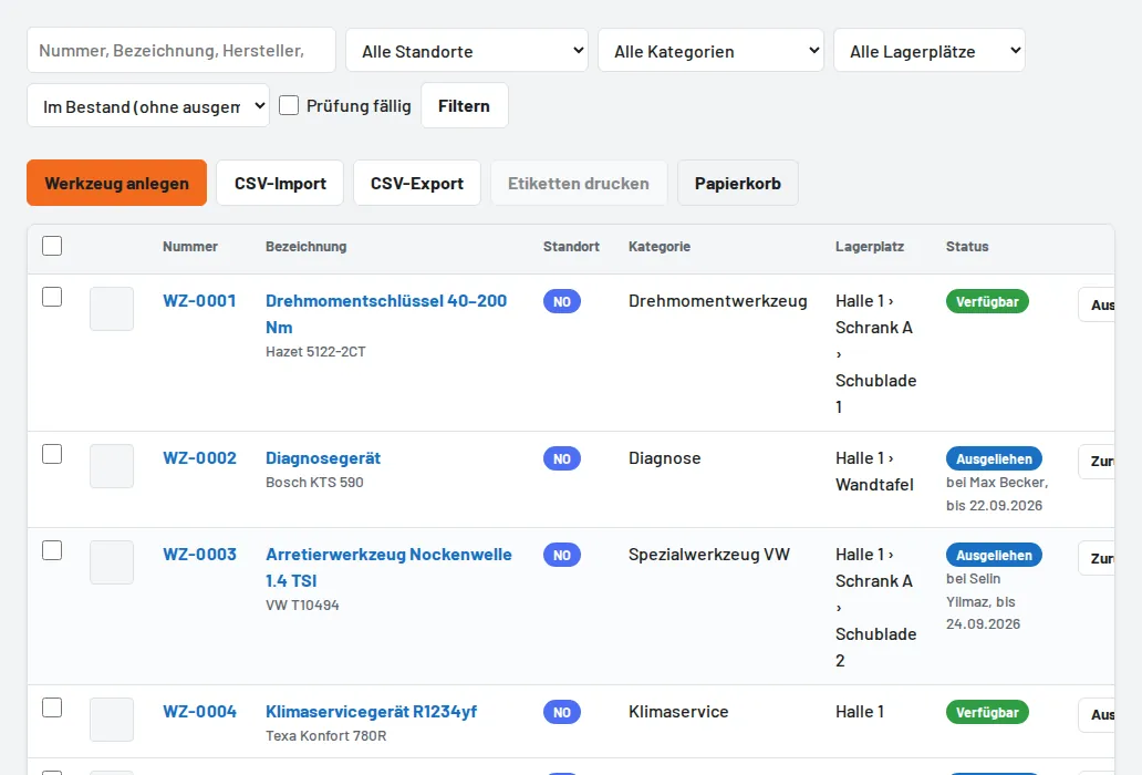Werkzeugliste mit Filtern