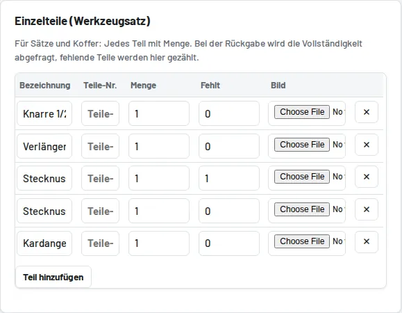 Einzelteile eines Werkzeugsatzes mit „Fehlt“