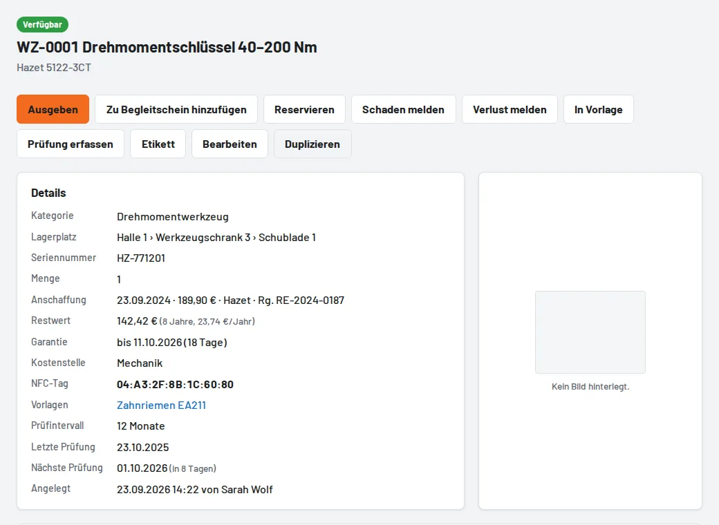 Werkzeugseite mit Anschaffung, Restwert und Garantie