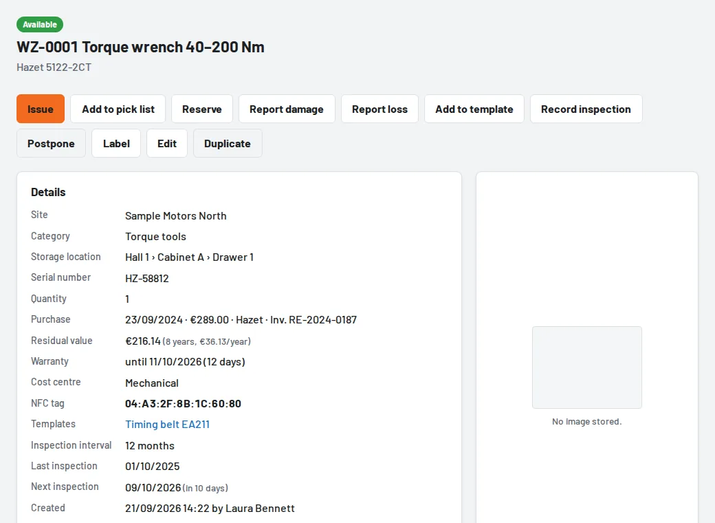 Tool page with purchase, residual value and warranty