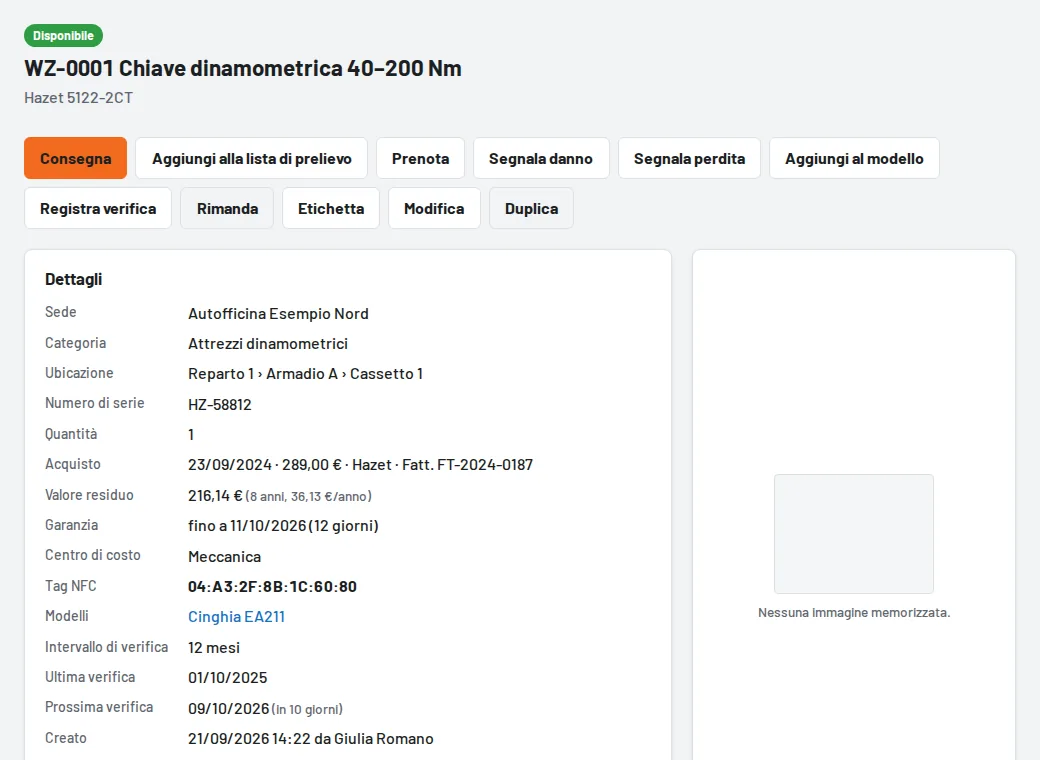 Pagina dell'attrezzo con acquisto, valore residuo e garanzia