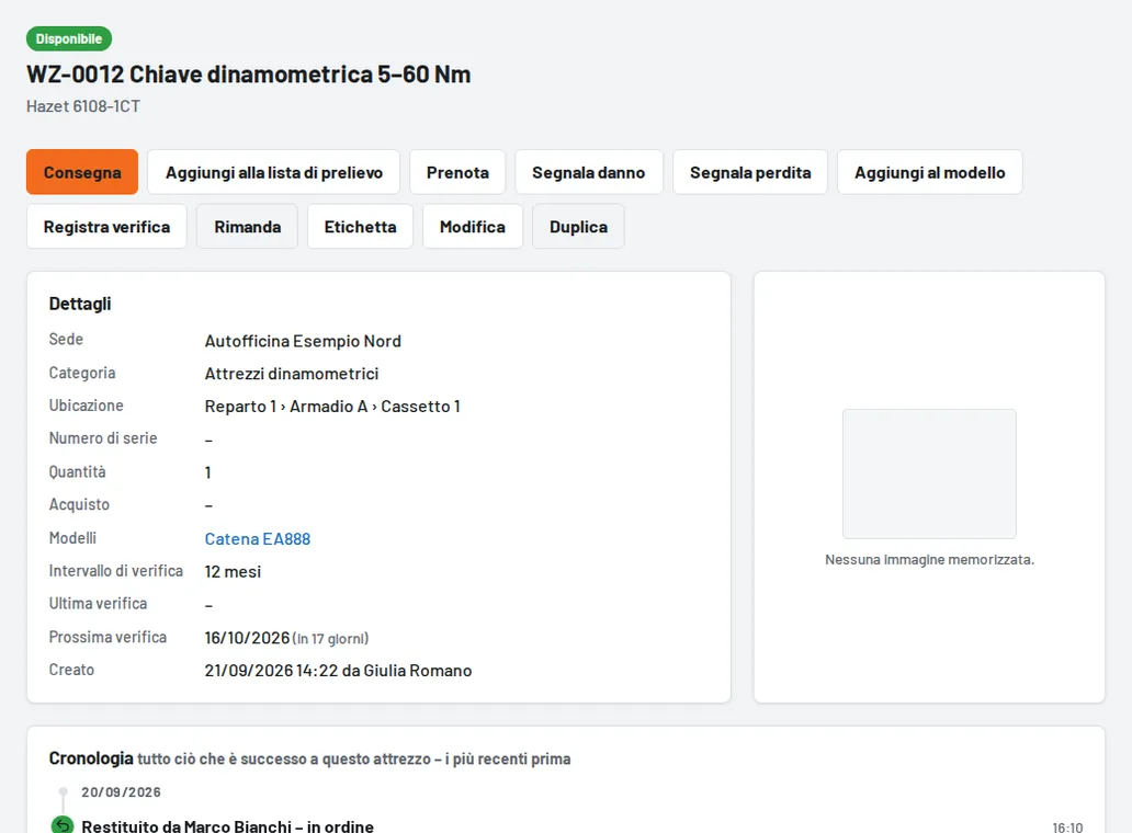 Dopo la scansione: pagina dell'attrezzo con "Consegna"