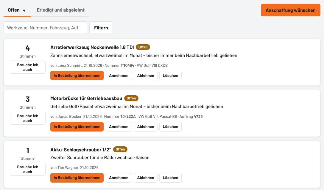 Anschaffungswünsche mit Stimmen und Status