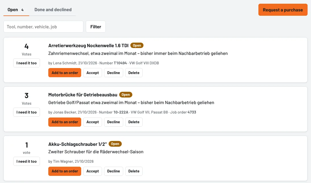 Purchase requests with votes and status