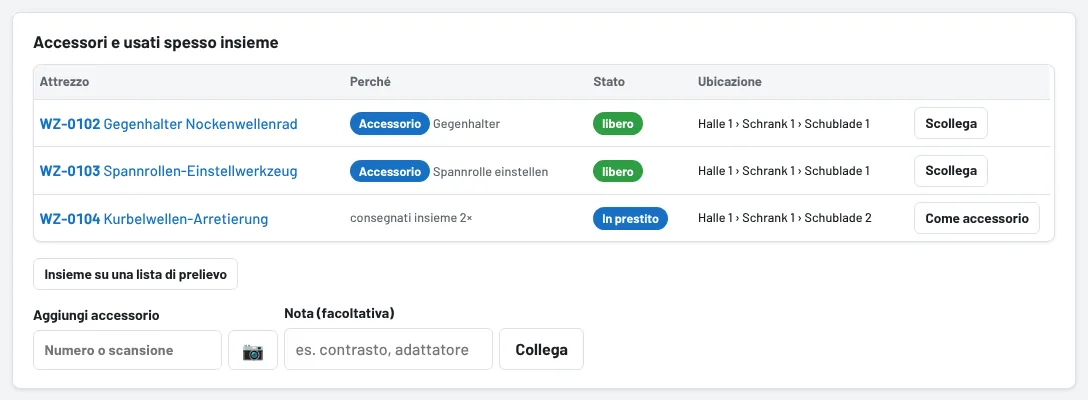 Pagina dell'attrezzo: accessori e usati spesso insieme