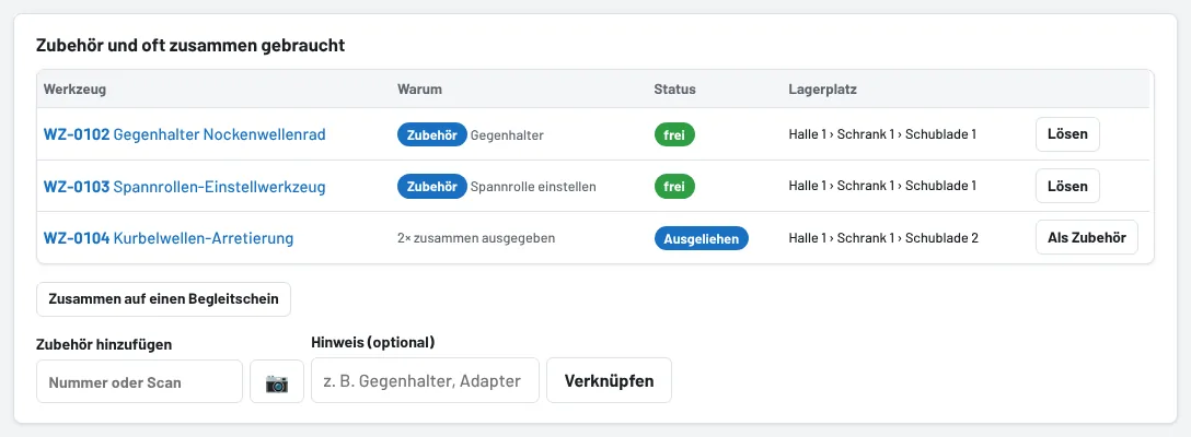 Werkzeugseite: Zubehör und oft zusammen gebraucht
