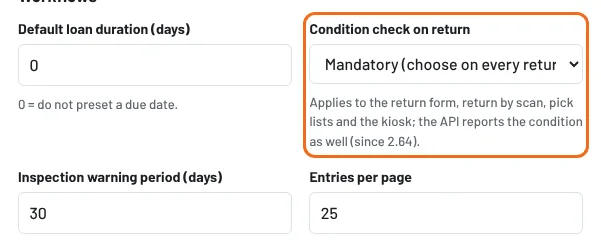 Settings → Condition check on return