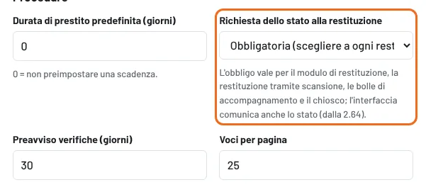 Impostazioni → Richiesta dello stato alla restituzione