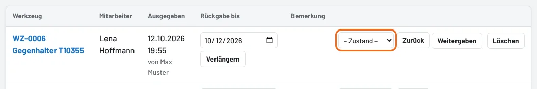 Ausleihliste: Zustand wählen, dann zurück