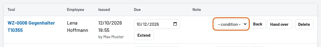 Loan list: choose the condition, then return