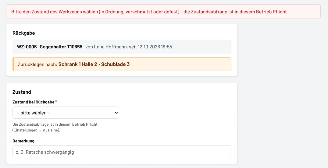 Ohne Zustand: Hinweis und Rückgabeformular