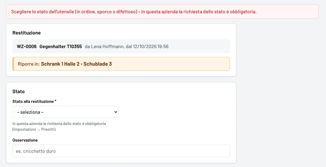 Senza stato: avviso e modulo di restituzione